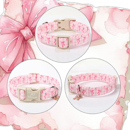 Pink Plaid & Bow Adjustable XS Dog Collar for Puppies and Small Dogs