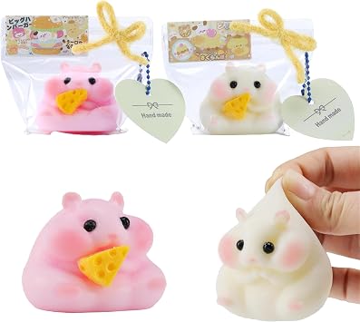 2-Piece Hamster Squishy Squeeze Toy Set in White and Pink