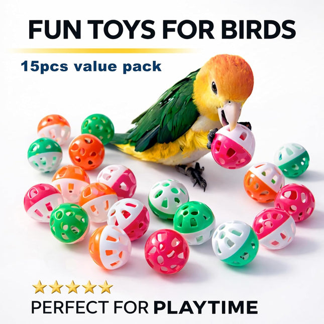 15-Pack Colorful Bird Jingle Ball Toys, 1.5 in