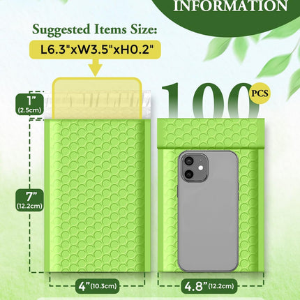 Green 4x8 Self-Seal Bubble Mailers, 100 Pack