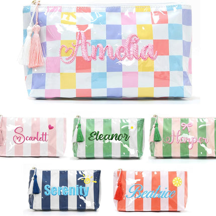 GlowEssence EsenciaLuz Embroidered Travel Makeup Bag for Women, Custom Waterproof Striped — Beauty & Self-Care