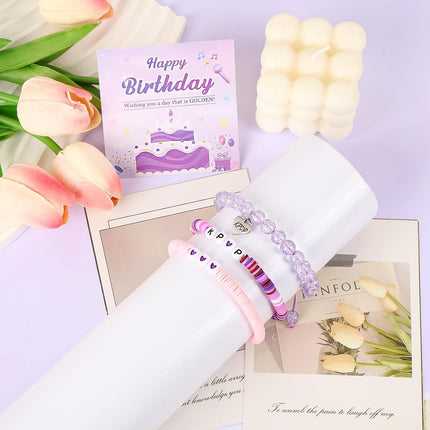 Purple Crystal K-Pop Fan Stretch Bracelet Gift Set with Birthday Card