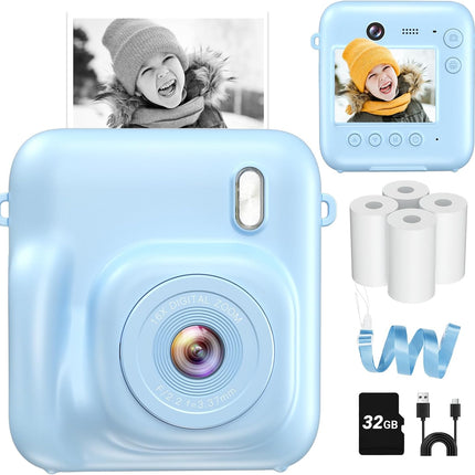 Blue Dual-Lens Instant Print Kids Camera with 1080P Video and 32GB Card