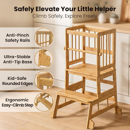 Kids Bamboo Kitchen Step Stool with Safety Rails & Anti-Slip Feet