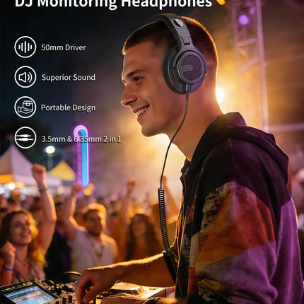 Wired Over Ear DJ & Studio Monitor Headphones with 50mm Driver - Black