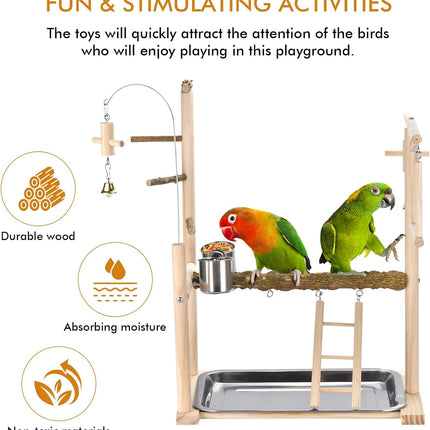 Natural Wood Parrot Playground Perch Stand with Cups