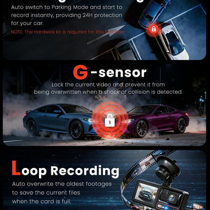 3 Channel Dash Camera for Cars with 4K Front, Rear and Inside Recording
