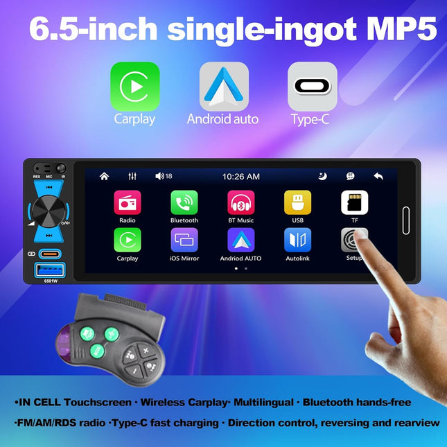 6.5" Single DIN Car Stereo with Wireless Phone Integration, Bluetooth 5.2, FM/AM/RDS, IPS HD Touchscreen, and Type-C Fast Charging