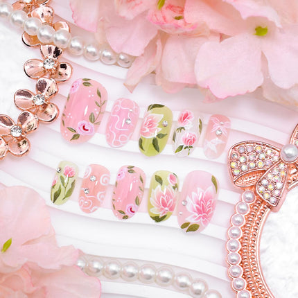 SourceToHome FuenteACasa Pink Flower Press on Nails Short Oval Cute Fake Nails with 3D Rhinestone — Home & Lifestyle