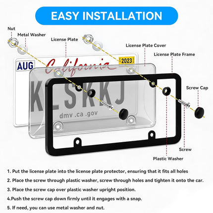 Clear License Plate Covers 2 Pack with Spare, Anti-Rattle Pads & Hardware