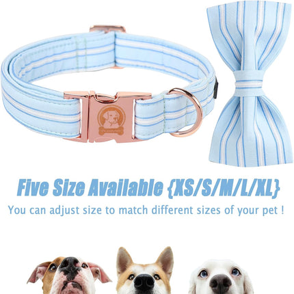 Blue Adjustable Dog Collar with Bowtie and Metal Buckle
