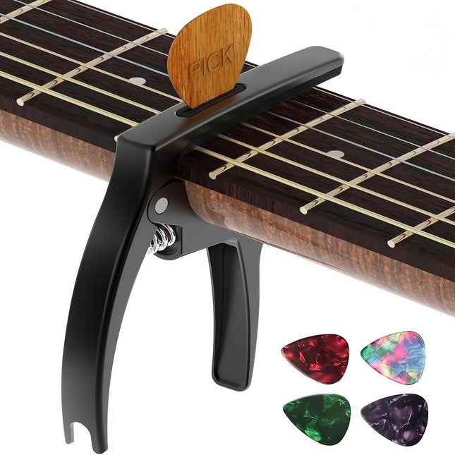 3-in-1 Zinc Metal Guitar Capo with Pick Holder and 4 Picks