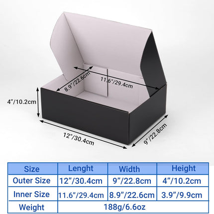 Black 12x9x4 Corrugated Cardboard Mailer Boxes, Set of 25