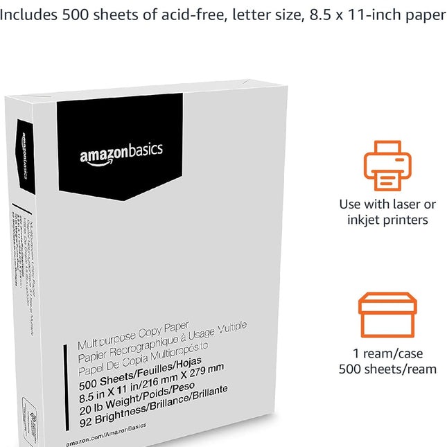 Jam-Free Multipurpose Copy Printer Paper, 8.5 x 11, 20 lb, 500 Sheets