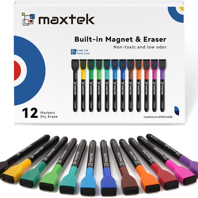 Magnetic Whiteboard Markers - 12 Count Colorful Fine Tip Dry Erase Markers with Eraser