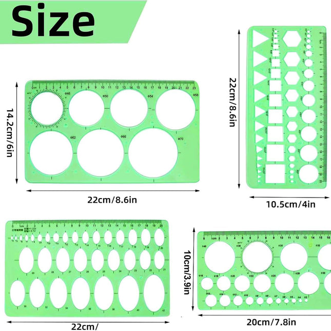 4PCS Plastic Circle and Oval Templates - Clear Green Measuring Templates for Drawing and Formwork Projects