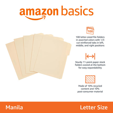 Sturdy Manila File Folders with Reinforced 1/3-Cut Tabs, Letter Size, 100-Pack