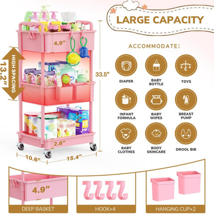 3-Tier Pink Rolling Diaper Cart with Lockable Wheels