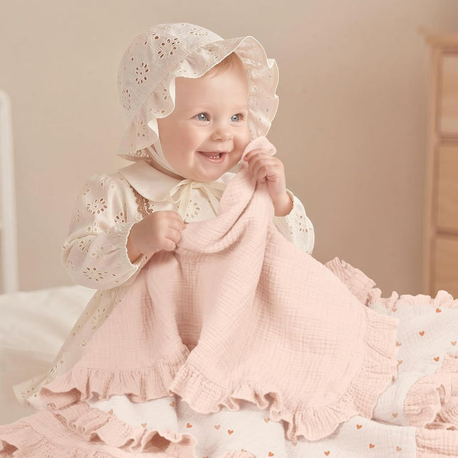 Muslin Ruffle Baby Blanket - Soft Breathable 100% Cotton Newborn Wrap, 40" x 36", Pink Heart