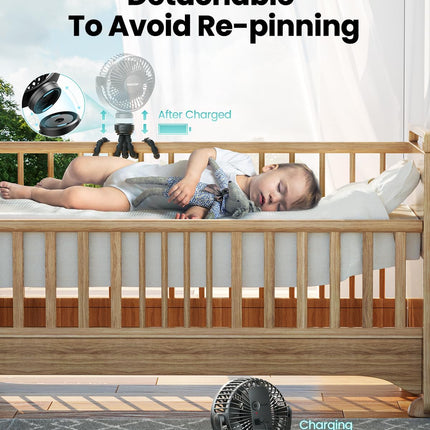 Mini Portable Stroller Fan with Clip-On Tripod, Rechargeable 3-Speed, Black