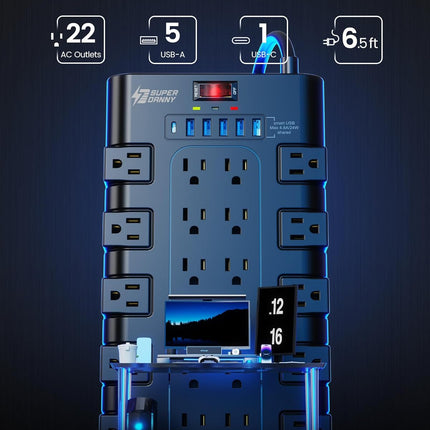 NexWave OndaNex Power Strip, SUPERDANNY Surge Protector with 22 AC Outlets and 6 USB — Smart Tech