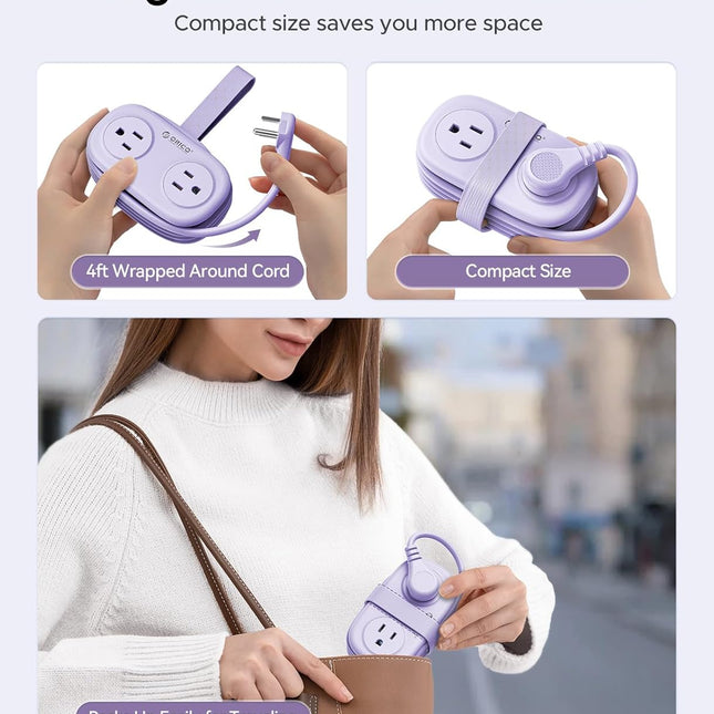 4FT Purple Cruise Approved Travel Power Strip with 4 AC Outlets, 2 USB-A Ports, 1 USB-C Port, and 45 Degree Flat Plug