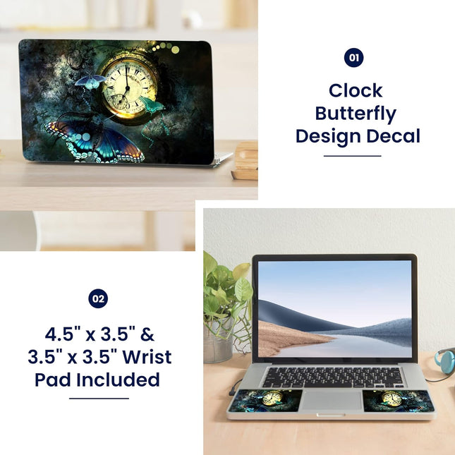 Clock Butterfly Laptop Skin Sticker Cover with 2 Wrist Pads