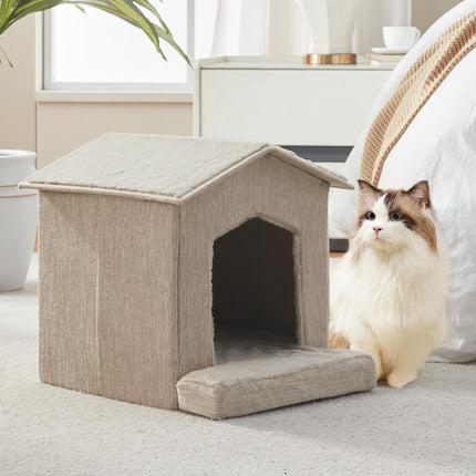 Beige Foldable Cat Cave Bed with Orthopedic Cushion