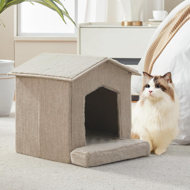 Beige Foldable Cat Cave Bed with Orthopedic Cushion
