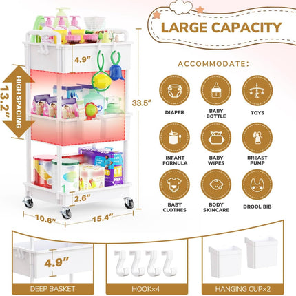 3-Tier White Rolling Diaper Cart with Lockable Wheels