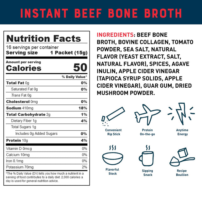 Beef Bone Broth Instant Powdered Mix Packets | 5g Collagen | 10g Protein | Keto & Paleo Friendly | No Artificial Flavors | Rich Savory On-the-Go 16 Pack