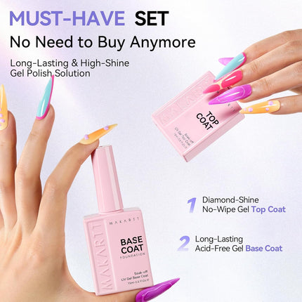 Gel Top and Base Coat Set, 2 PCS 15ml No Wipe Diamond-Shine Soak Off Gel