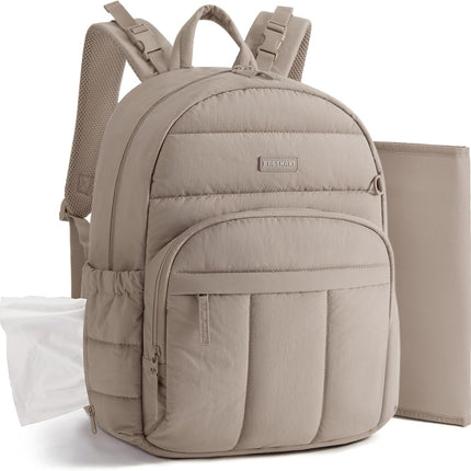 Camel Puffy Multi-Pocket Diaper Bag Backpack with Changing Pad