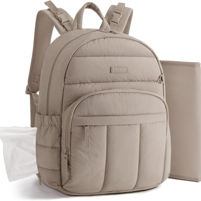 Camel Puffy Multi-Pocket Diaper Bag Backpack with Changing Pad
