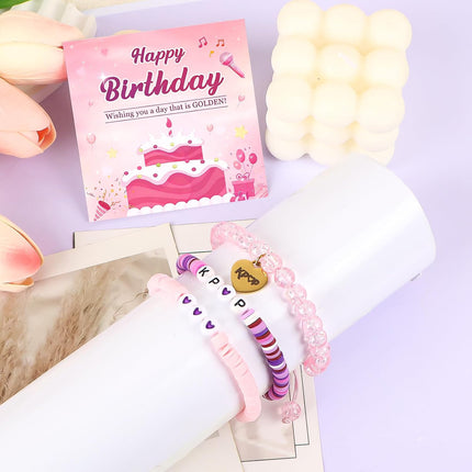 Pink K-Pop Stretch Crystal Bead Bracelet with Birthday Card