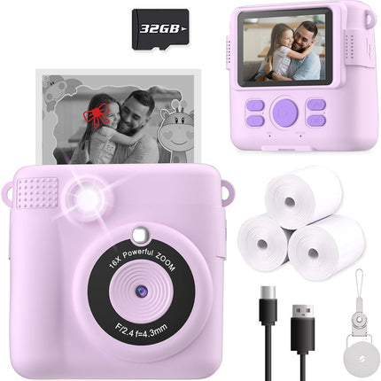 Purple Instant Print Camera for Kids with 32GB SD Card
