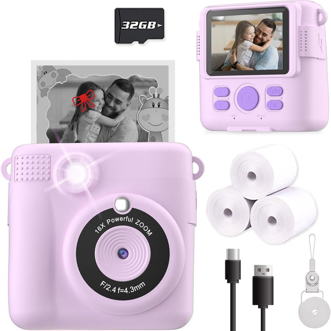 Purple Instant Print Camera for Kids with 32GB SD Card