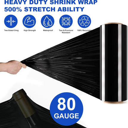 Black Stretch Wrap Film, 2 Rolls, 12 in x 1000 ft x 80 Gauge with Wrap Holder