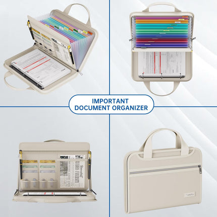 Fireproof Accordion File Organizer with Handle, 13 Pockets, Zipper, Labels and 1.5-Inch 3-Ring Binder, Beige