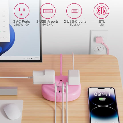 Pink Extension Cord with USB C - 5 FT Kawaii Power Strip