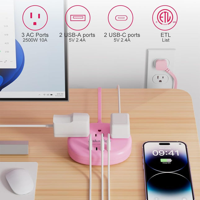 Pink Extension Cord with USB C - 5 FT Kawaii Power Strip