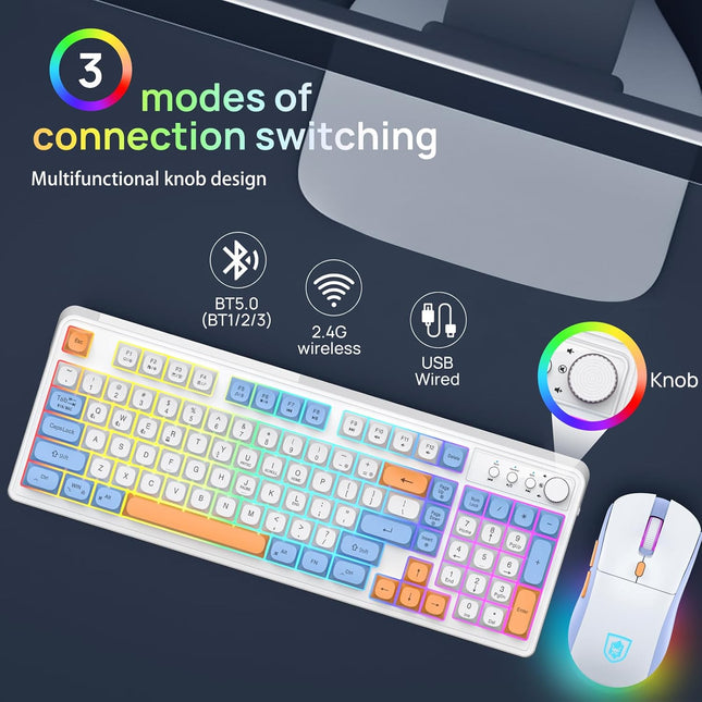 CK98 Wireless Rechargeable Backlit Keyboard and Mouse Combo, RGB White Keyboard with 98 Keys, Dual Color Mouse with 3200DPI for PC Mac Gamers (White/Pink)