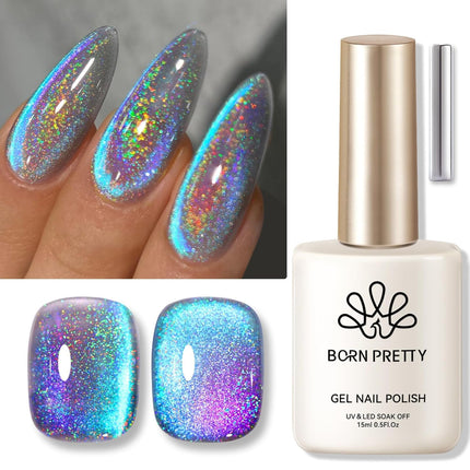 9D Cat Magnetic Eye Gel Nail Polish, Blue Purple Holographic Rainbow, 15ML