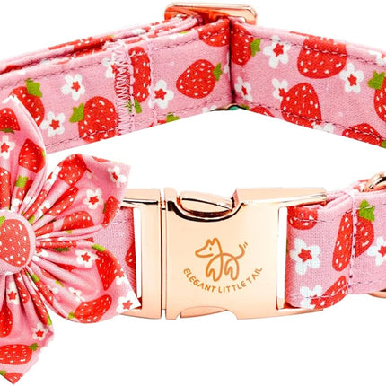 Elegant Little Tail Spring Flower Strawberry Print Adjustable Cotton Dog Collar for Small Dogs