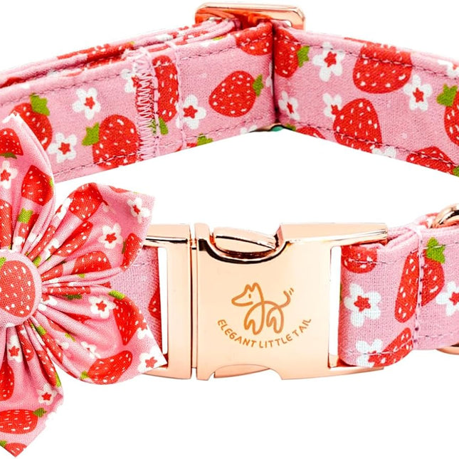 Elegant Little Tail Spring Flower Strawberry Print Adjustable Cotton Dog Collar for Small Dogs