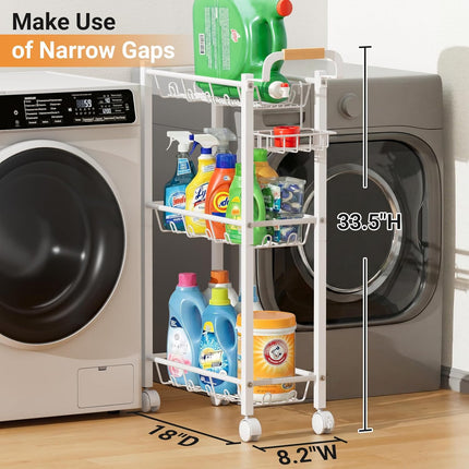 Laundry Room Cart with Top Detergent Holder, 3 Tier Metal Rolling Storage Cart, White