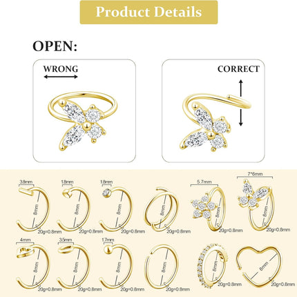 12-Piece Gold Hoop Nose Ring Set, 20G 8mm