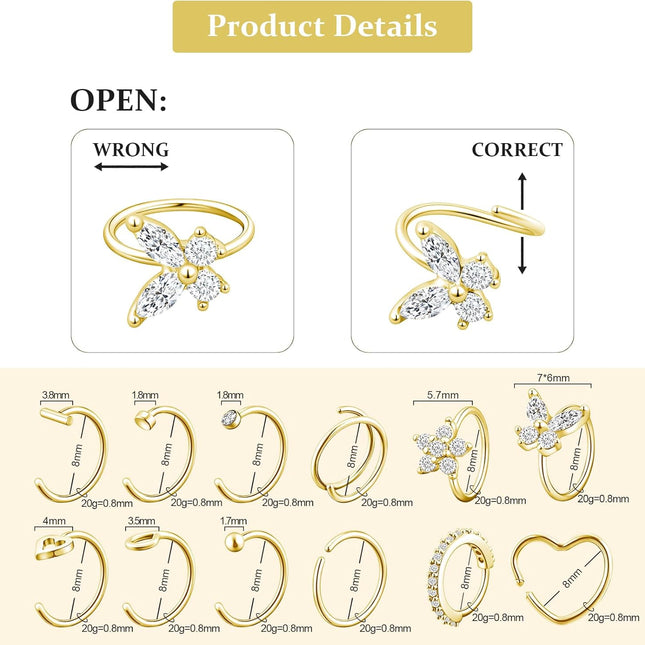 12-Piece Gold Hoop Nose Ring Set, 20G 8mm