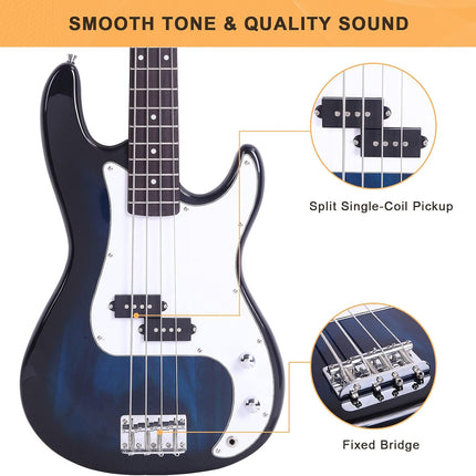 Full Size 4 String Electric Bass Guitar, Dark Blue Fire Style