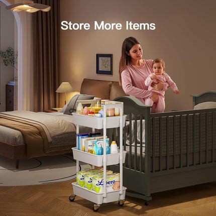 3-Tier White Plastic Rolling Utility Cart with Lockable Wheels